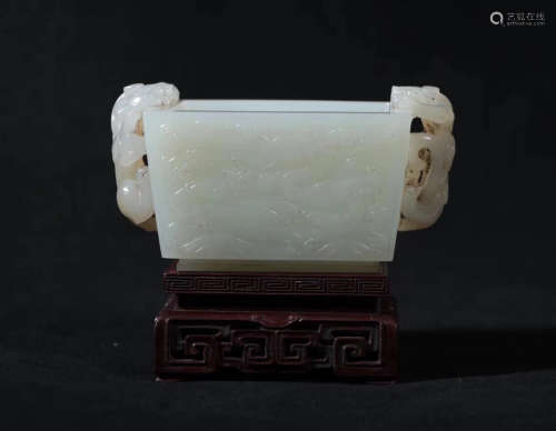 A HETIAN JADE CARVED DOUBLE EARS SQUARE CENSER