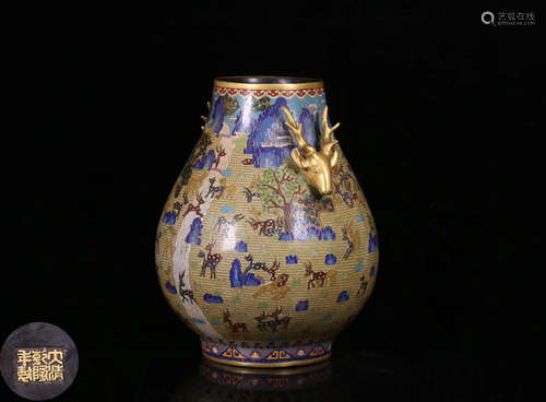 A CLOISONNE DEER SHAPED EARS ZUN VASE