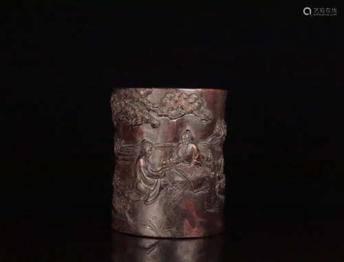 AN OLD CHENXIANG WOOD CARVED BRUSH POT