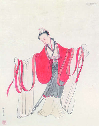 庞熏琹 红衣仕女 镜框 纸本