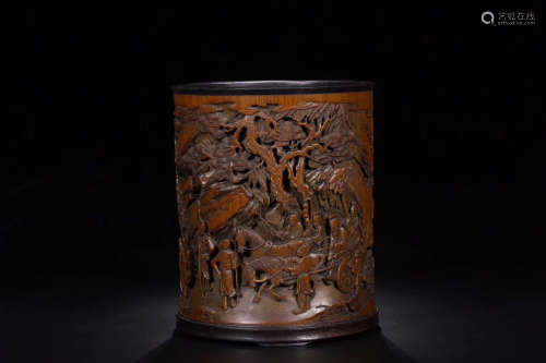 17-19TH CENTURY, A STORY DESIGN BAMBOO CARVING BRUSH POT, QING DYNASTY