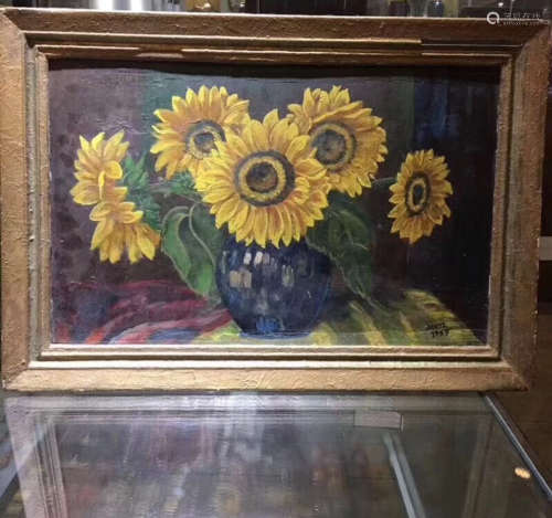 1959, A SUNFLOWER DESIGN OIL PAINTING