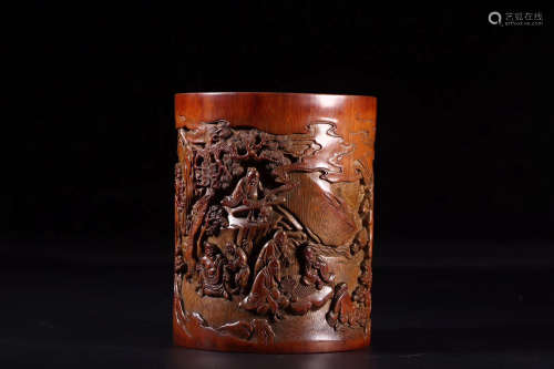 17-19TH CENTURY, A STORY DESIGN BAMBOO CARVING BRUSH POT, QING DYNASTY
