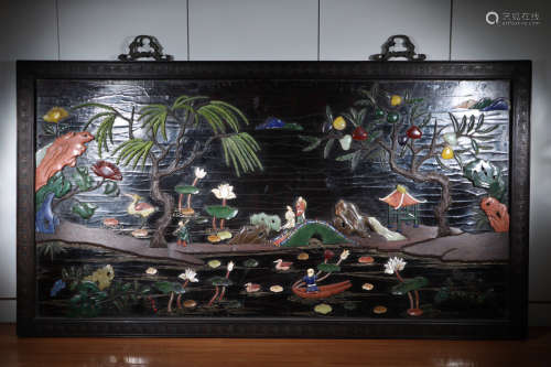 A LOTUS POND PATTERN HANING SCREEN WITH RED WOOD FRAME