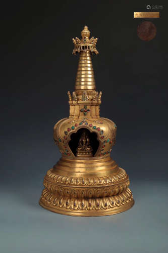 14-16TH CENTURY, A GILT BRONZE BUDDHA DESIGN TOWER, MING DYNASTY