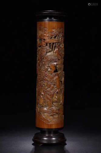 17-19TH CENTURY, A STORY DESIGN BAMBOO CARVING INCENSE POT, QING DYNASTY