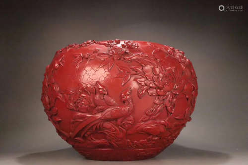 19TH CENTURY, A FLORAL&BIRD PATTERN RED COLOUR LACQUERWARE WASHER POT, LATE QING DYNASTY