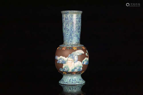 17-19TH CENTURY, A LANDSCAPE PATTERN WITH PURPLE CLAY VASE, QING DYNASTY