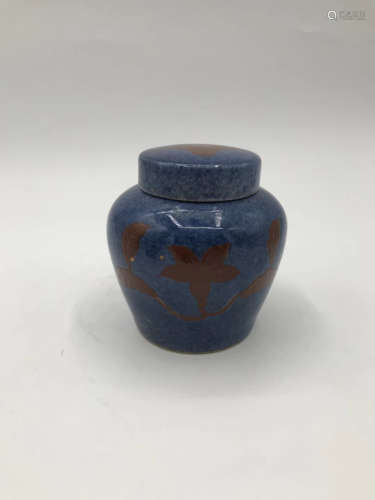14-16TH CENTURY, A PAIR OF RED GLAZED FLORAL PATTERN BLUE POTS, MING DYNASTY