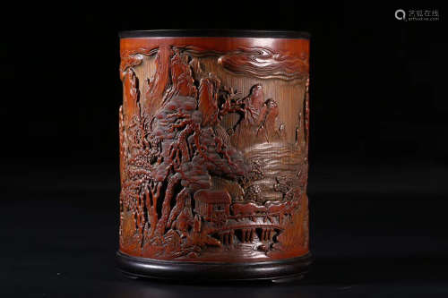 17-19TH CENTURY, A LANDSCAPE PATTERN BAMBOO CARVING BRUSH POT, QING DYNASTY