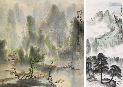 梁日章  刘人杰 庚午（1990）年作、1977年作 山水 （两帧） 立轴 设色纸本