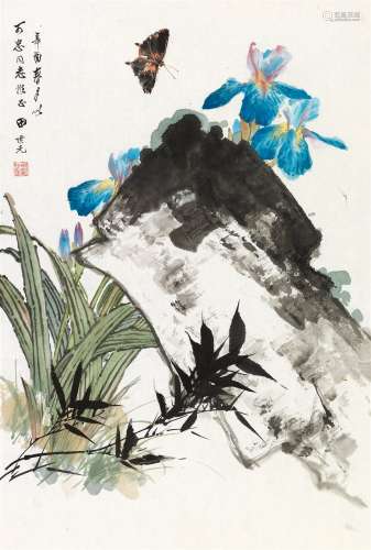 田世光 辛酉（1981）年作 花卉蝴蝶 镜片 设色纸本