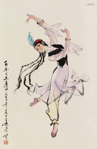 杨之光 1977年作 庆丰收舞 立轴 设色纸本