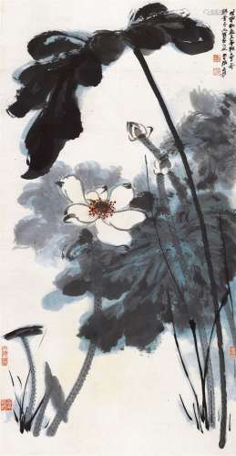 张大千 戊申（1968）年作 荷花 镜片 设色纸本