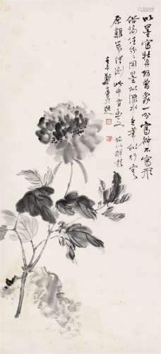 郑午昌 壬午（1942）年作 墨牡丹 立轴 水墨纸本