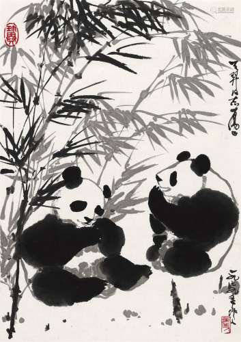 吴作人 1979年作 熊猫翠竹 镜片 水墨纸本