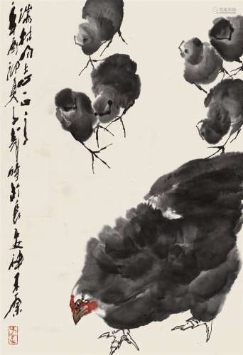 王子武 辛酉（1981）年作 群鸡图 立轴 设色纸本