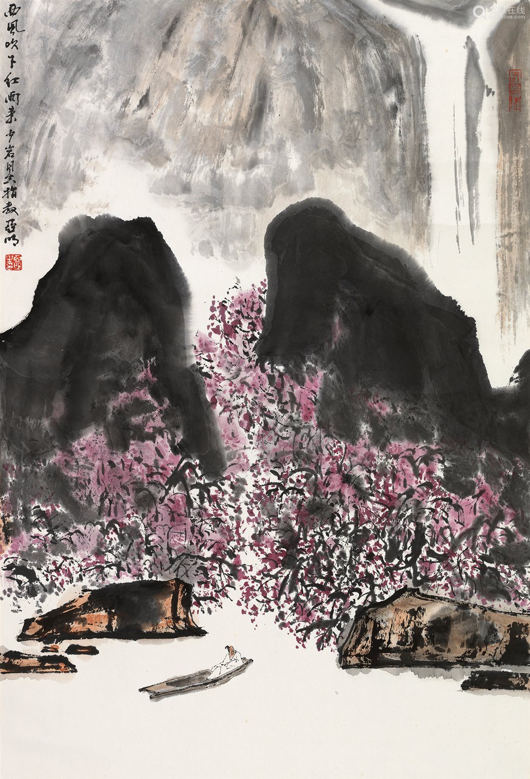 亚明西风吹下红雨来镜片设色纸本