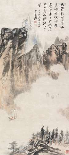 张大千 壬午（1942）年作 峡江帆影 立轴 设色纸本