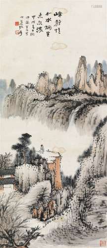 张大千 甲戌（1934）年作 仿石涛山水 立轴 设色纸本