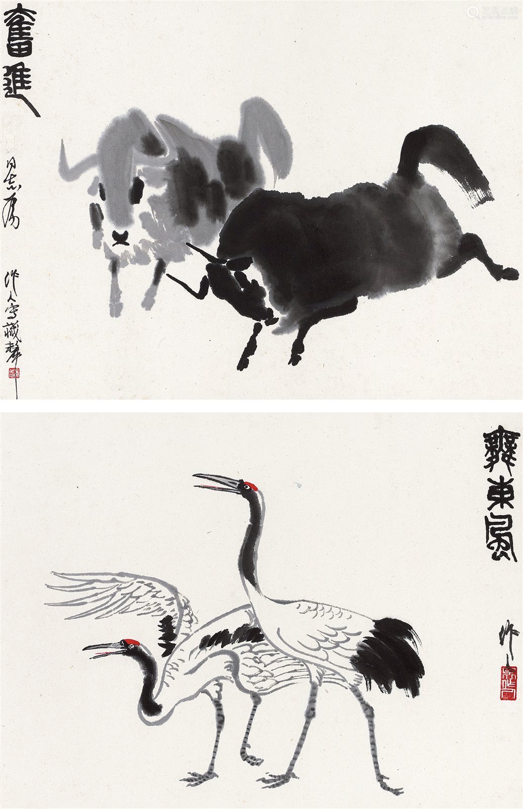 吴作人 奔牛 仙鹤 (两帧) 镜片 设色纸本-【成交 价格 图片】