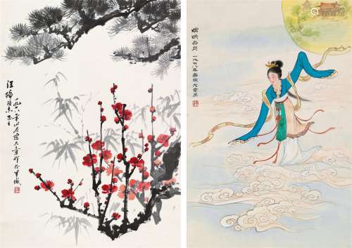 陈大章 1978年作 人物花卉 （两帧） 立轴/镜片 设色纸本