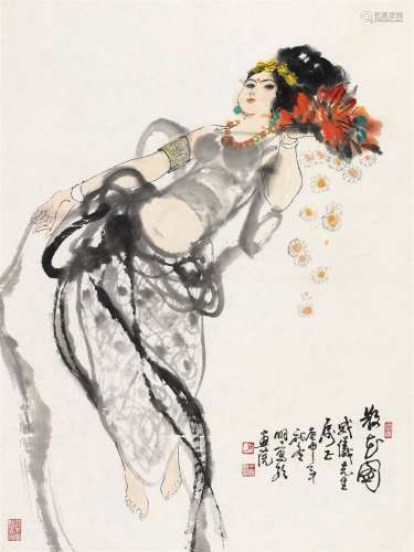 王明明（b.1952） 庚申（1980）年作 散花图 镜片 设色纸本