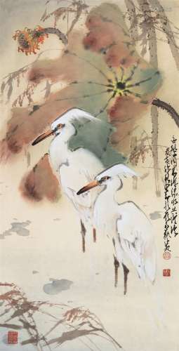 赵少昂 癸亥（1983）年作 白鹭 镜片 设色纸本