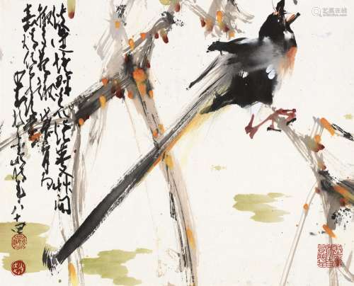 赵少昂 戊辰（1988）年作 花鸟 镜片 设色纸本