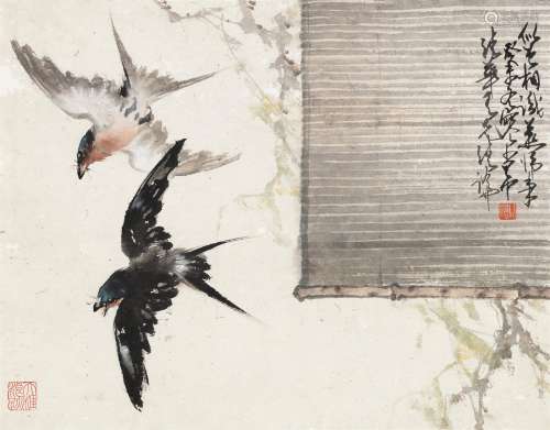 赵少昂 癸未（1943）年作 双燕 镜片 设色纸本