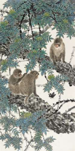 方楚雄 丁亥（2007）年作 三猴图 镜片 设色纸本
