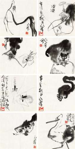 丁衍庸 辛亥（1971）年作 动物鱼虫小品 八帧 镜片 水墨纸本
