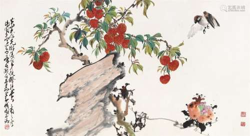赵少昂 何漆园 容漱石 黄一峰 乙酉（1945）年作 红荔翠鸟 镜片 设色纸本