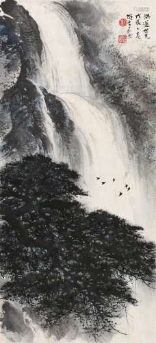 黎雄才（1910～2001） 戊辰（1988）年作 松瀑图 立轴 设色纸本