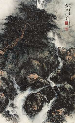 黎雄才（1910～2001） 1982年作 松瀑图 立轴 设色纸本