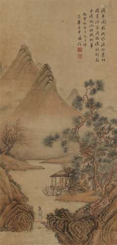 潘澄 丙申（1656）年作 闲步园林 立轴 设色纸本