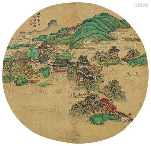 顾洛 庚寅（1830）年作 春山湖映 镜片 设色绢本