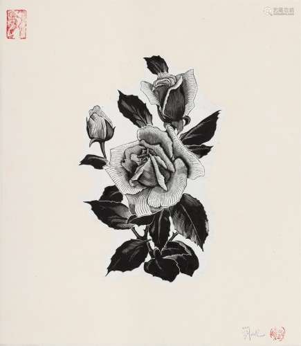 刘岘 1957年作 绽放的月季 纸本 木口木刻