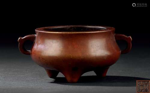 清中期 铜蚰耳三足琴炉
