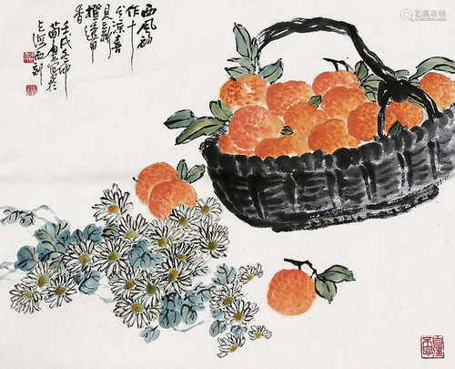 曹简楼（1913～2005） 菊果图 立轴 纸本