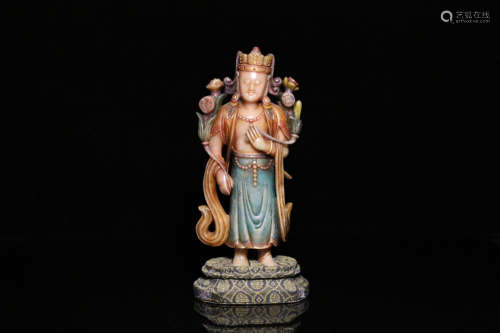 A PAINTED SOAPSTONE CARVED GUANYIN BUDDHA