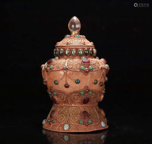 A GILT SILVER FILIGREE CRYSTAL JAR