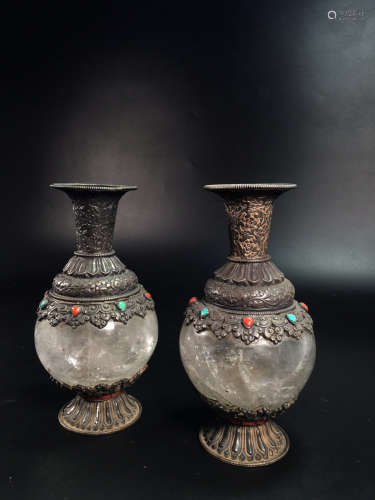 PAIR CRYSTAL CASTED GILT SILVER VASE