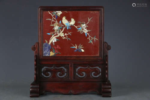 A LACQUER WOOD GEM DECORATED BIRD PATTERN SCREEN