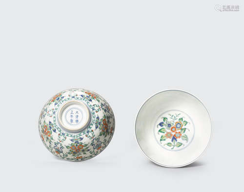 Yongzheng mark A pair of doucai floral bouquet bowls