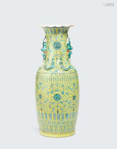 20th century A LARGE YELLOW AND GREEN ENAMELED BALUSTER VASE