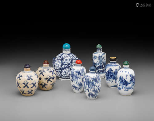 19th/early 20th century Eight blue and white porcelain snuff bottles