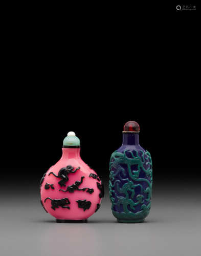 19th century  Two overlay decorated glass snuff bottles