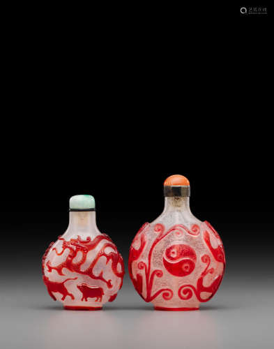 19th century Two red overlay 'snowflake' glass snuff bottles
