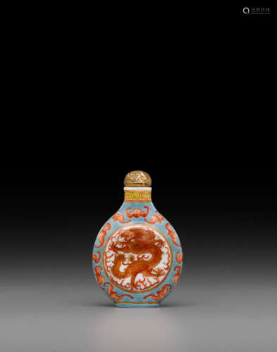 Imperial, Guangxu mark and of the period, 1875-1908 An enameled and gilt decorated porcelain 'dragon' snuff bottle